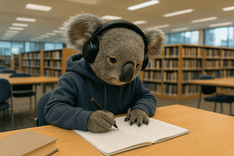 MarkMate student koala mascot writing an essay and receiving feedback